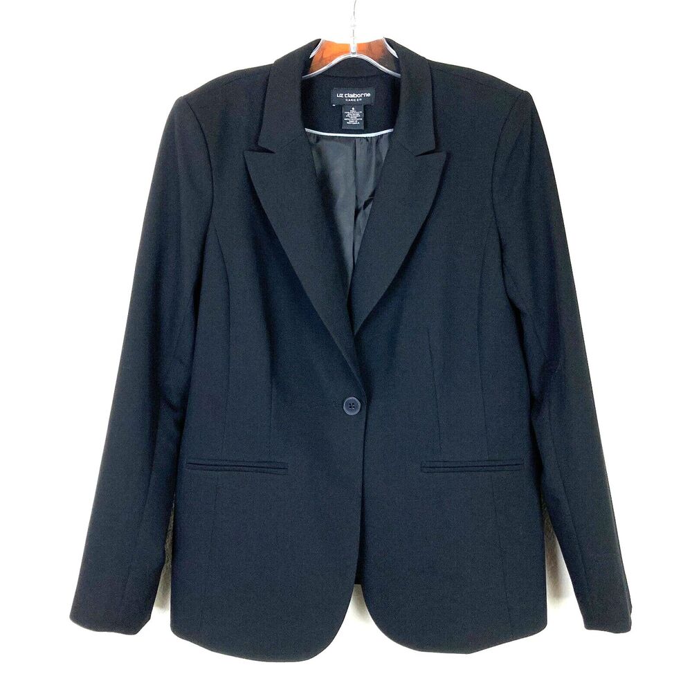 Liz Claiborne One Button Blazer Size 6 Black Stretch Lined Machine Washable Work